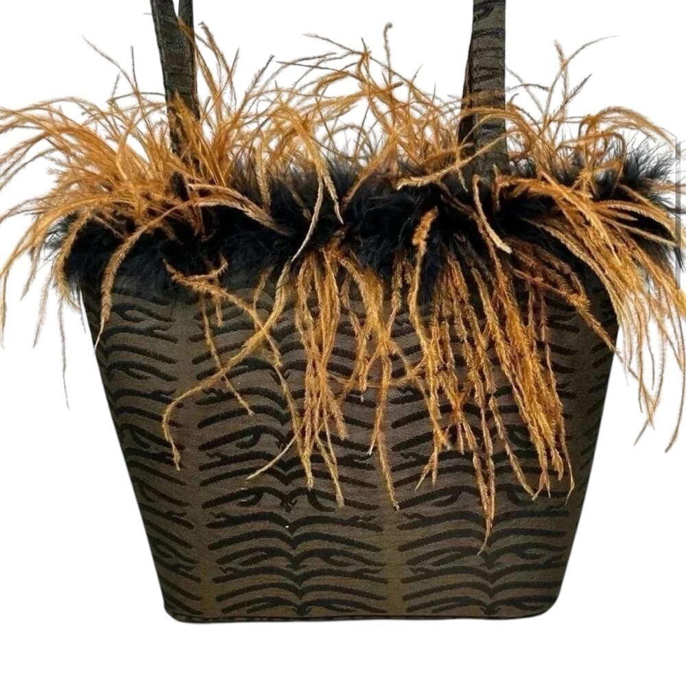 Feathery Handbag Attention Getter Brown Black Evening Bag Shoulder - Picture 2 of 10